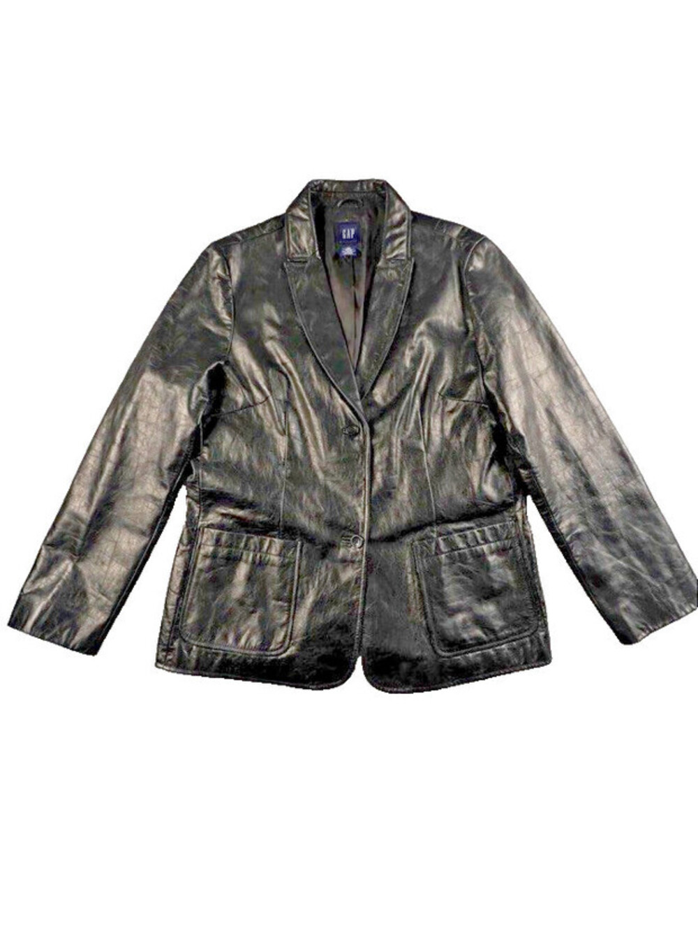 Vintage Y2K GAP Black Genuine Glazed Leather Blazer Jacket Womens XL Coat 2000